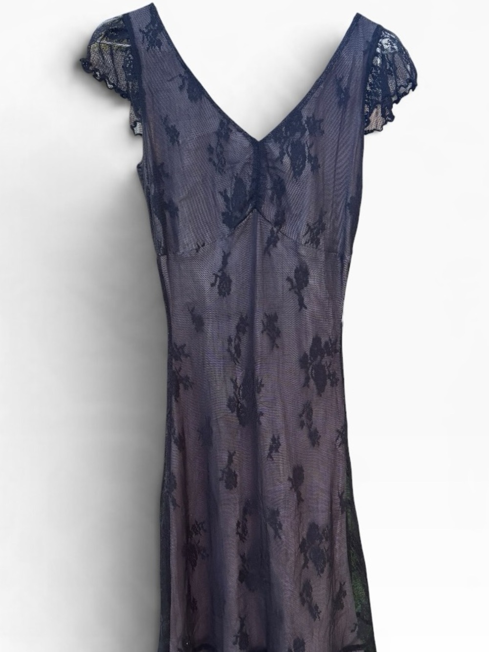 Vintage Sheer Black Lace Maxi Dress with Cap Sleeves